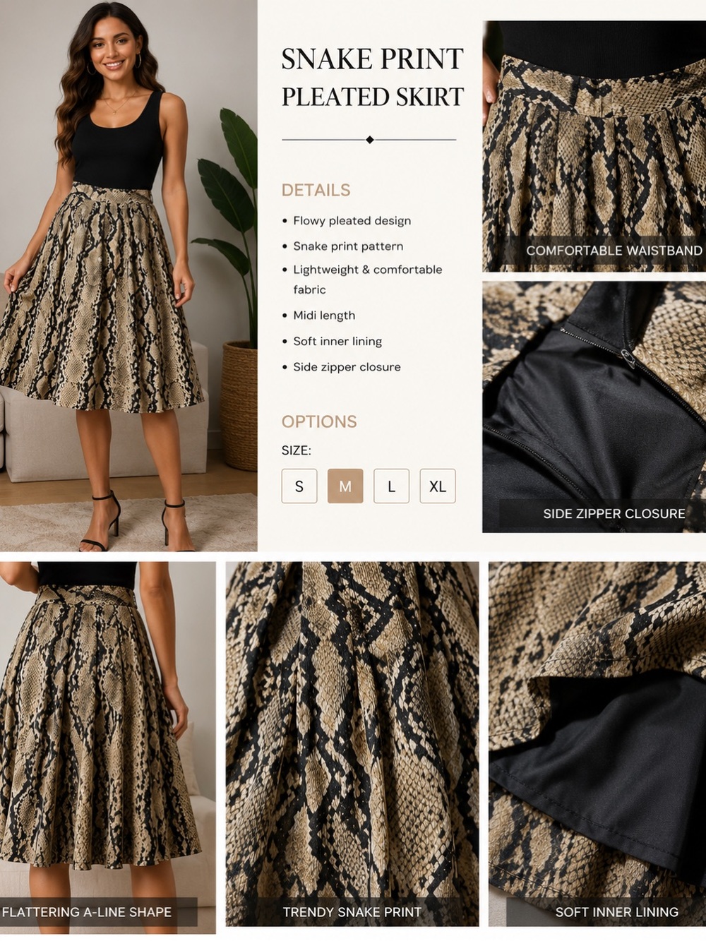 attention Snake-Print Pleated A-Line Skirt - Beige Black